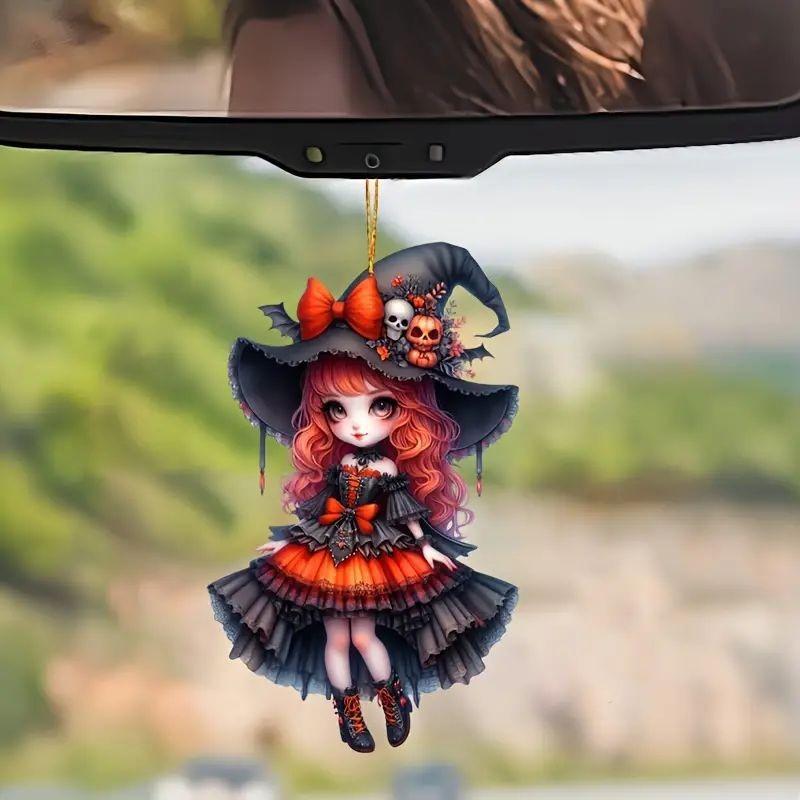 Halloween New Pumpkin Witch Pendant Magic Sweep Girl Flat 2D Rearview Mirror Decoration Pendant Keychain Pendant Set