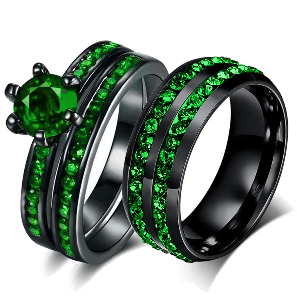Fashion Couple Rings Romantic Green Rhinestones CZ Women Rings Set Trendy Men Stainless Steel Zirconia Ring Wedding Band Jewelry