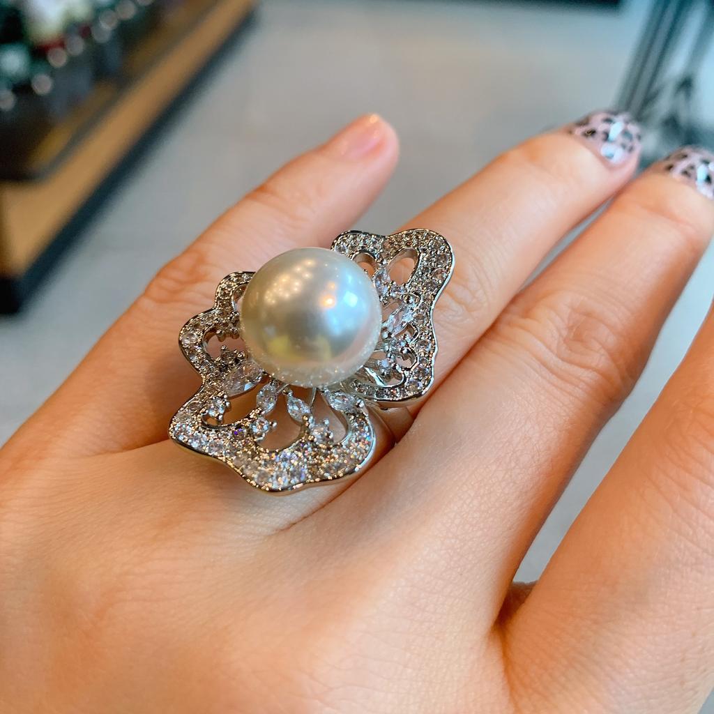 Кольцо с белым бриллиантом и жемчугом Fritillary, женское, банкетное, жемчужное, регулируемое кольцо