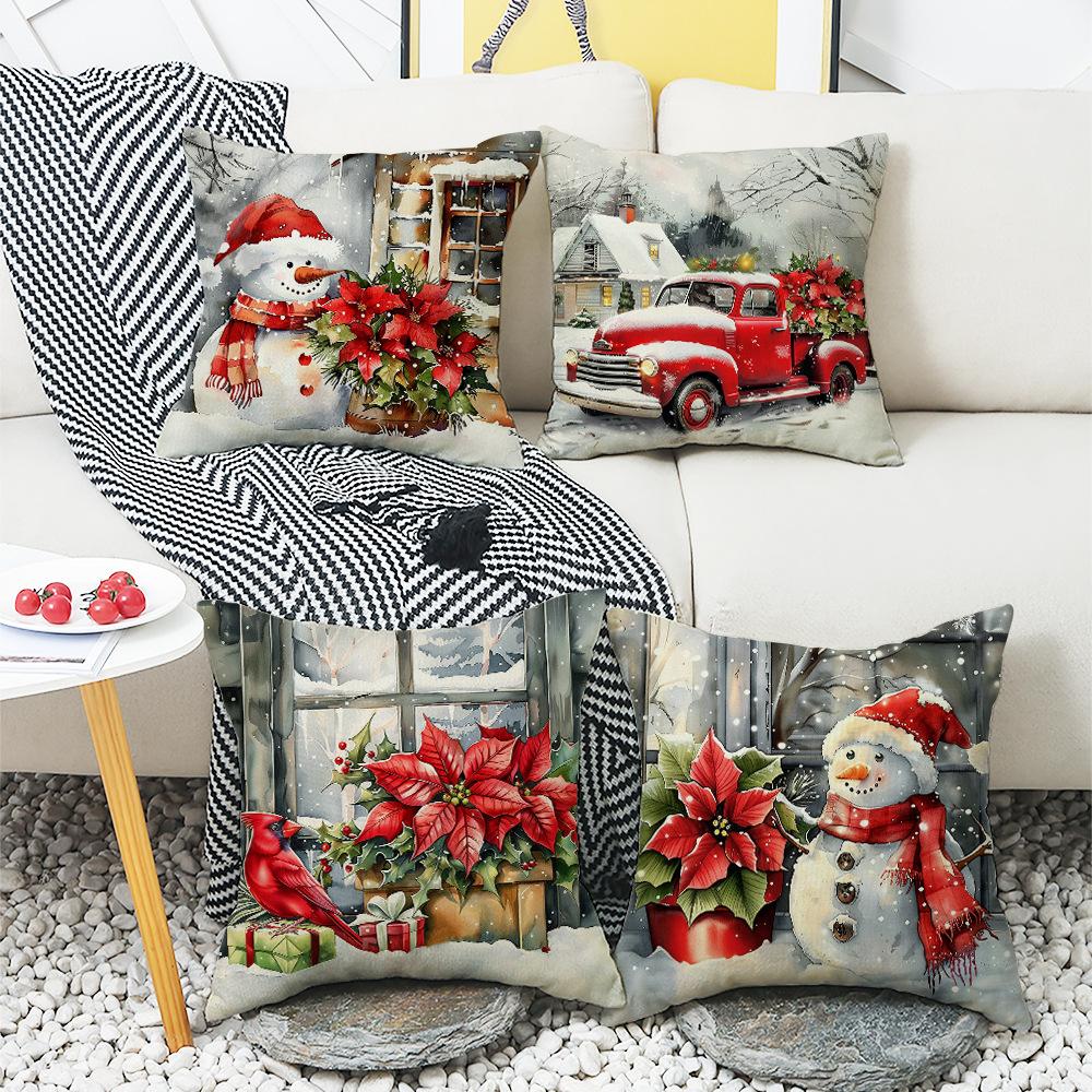 Santa Claus Red Truck Little Snowman Elements Atmosphere Christmas Pillow Cover Home Decoration Sofa Cushion