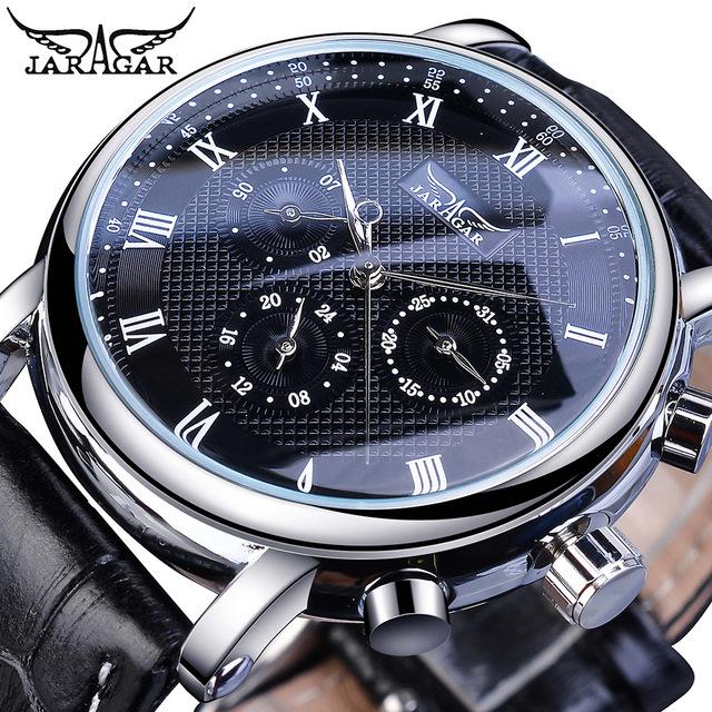 Men's Jaragar Automatic Mechanical Watch with Roman Numerals Dial Week & Date Display Three Hand Six Needle Design Classic Style