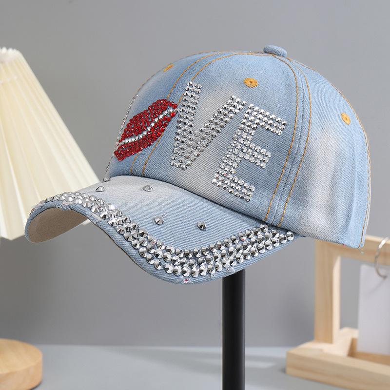 New Hip Hop Denim Cap Rhinestone Creative Lip Print Baseball Cap LOVE Alphabet Sun Hat Men's and Women's Cowboy Hats