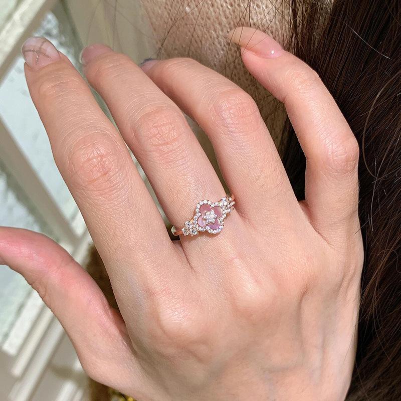 Zircon Fritillary Four-leaf Flower Opening Ring Exquisite Light Luxury Versatile Index Finger Ring Temperament Fashionable and High-end Jewelry