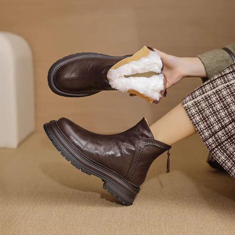Fur Platform Ankle Snow Boots Winter Plush Warm Leather Shoes Brand 2025 Trend Retro Chelsea Cozy Walking Non Slip Botas Mujer
