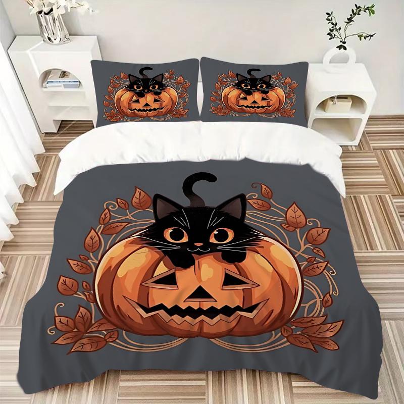 3pcs Pumpkin and Flowers Cat Bedding Set - Includes Quilt Cover and Pillowcases, Suitable for All Seasons N077