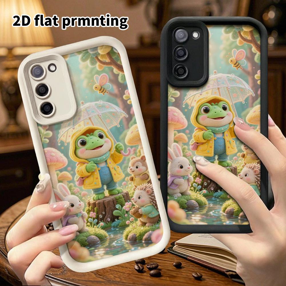 Phone case: 2D flat, suitable for Samsung Galaxy A34 A35 M05 M06 S20 S22 S21 FE Plus 5G protective case, little green frog in the forest rain, perfect