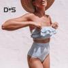 2Pcs/Set Women Bikini Set Ruffle Trim Bandeau Padded Push-Up Bra High Waisted Briefs Set Striped Print Beachwear