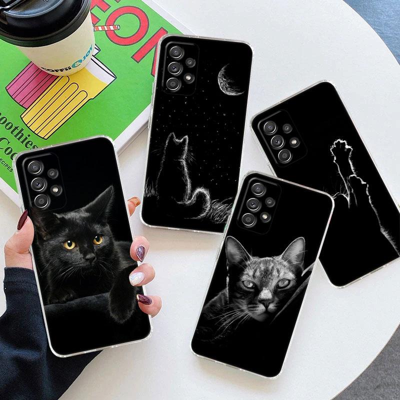 Черные Кошки Милый кот Для Samsung Galaxy A55 Чехол A54 A52 A53 5G A15 A14 A13 A21S A23 A51 A34 A35 A33 A32 A72 A71 Чехол для телефона Прозрачный