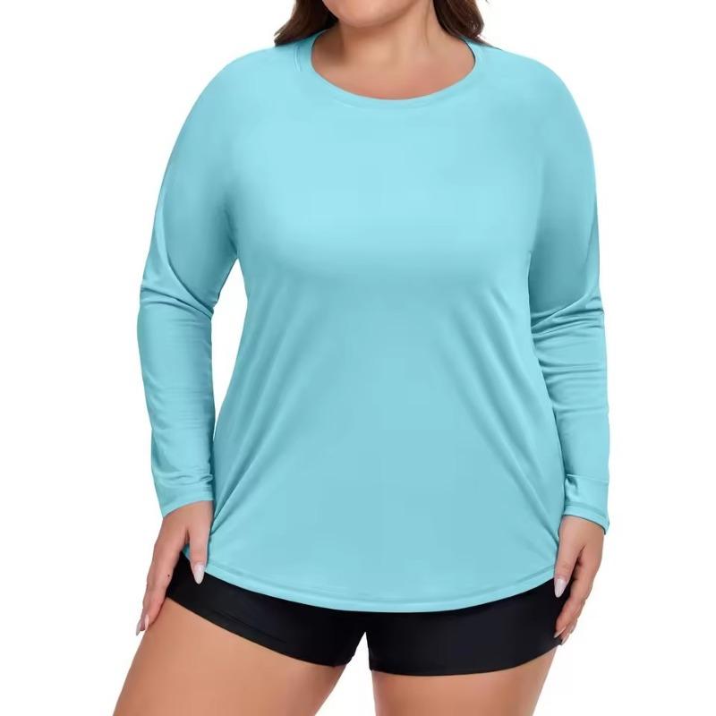 Plus Size Sport Sunscreen Top Women Summer Sunscreen Quick-drying Long-sleeved 3D T-shirt Round Neck Solid Color Breathable Tee