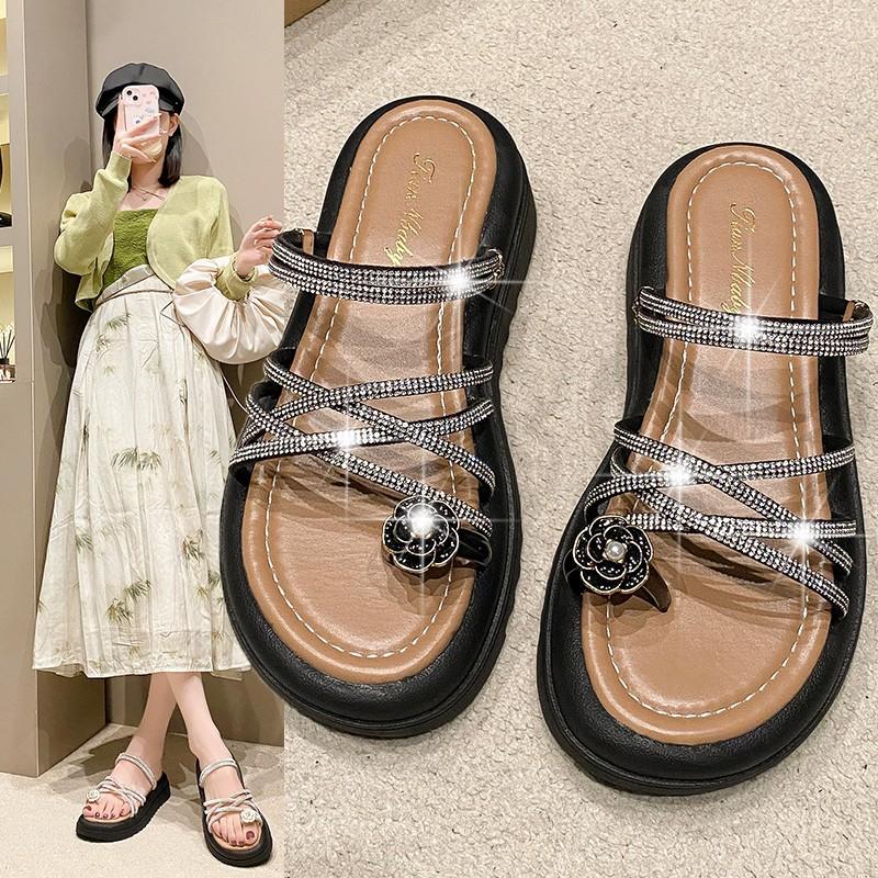 Мода 2024 года, лето, новые толстые подошвы, водные бриллиантовые прохладные тапочки для женской верхней одежды, модные тапочки с узким носком, розовая фея, прохладный ветер