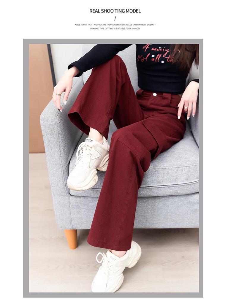 Women's Burgundy High-Waist Wide-Leg Pants - Slimming & Versatile for Spring/Autumn 2025