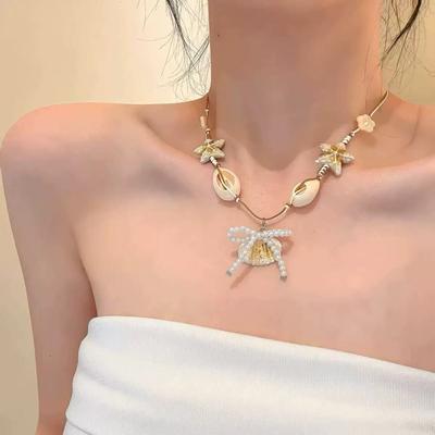 Starfish Shell Pearl Necklace Women's Summer Seaside Vacation Stacked with Small Fresh Dopamine Beaded Collarbone Chain Neck Chain