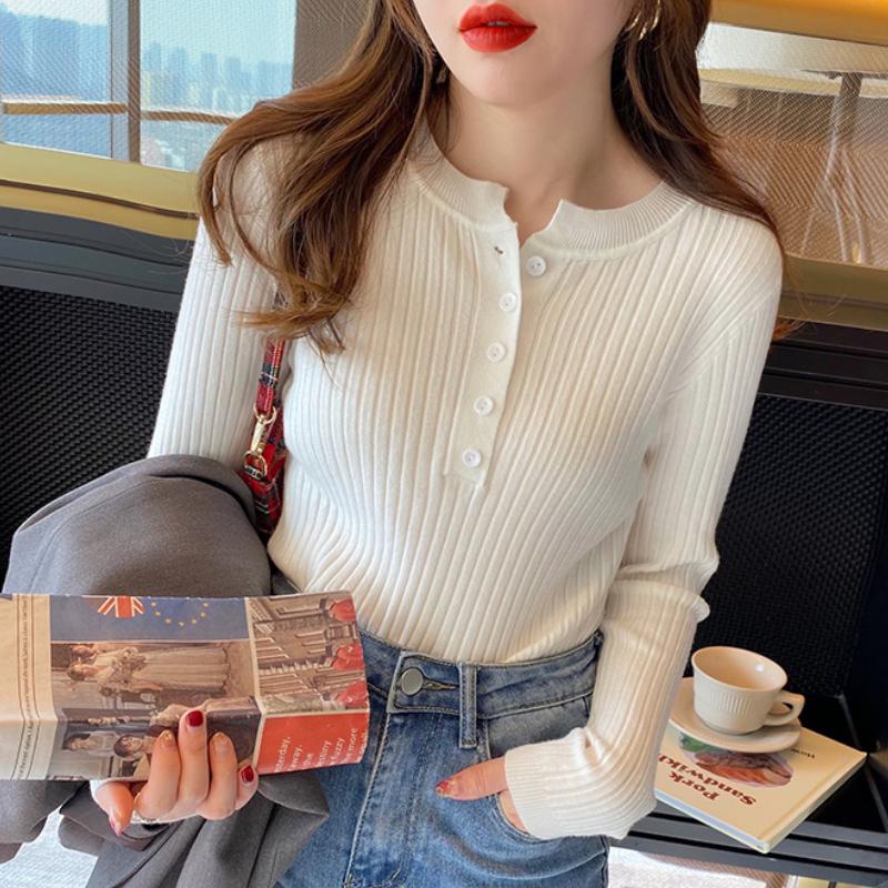 Осенний длинный рукав облегающий вязаный свитер женский зимний новый базовый пуловер женские свитера топы элегантные пуговицы круглый вырез женские вязаные джемперы 25858
