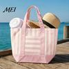 Tote Bag Striped Canvas Bag, Stylish Reusable Grocery with Reinforced Shoulder Strap Front Pocket, for Shopping Picnic Commuting Durable