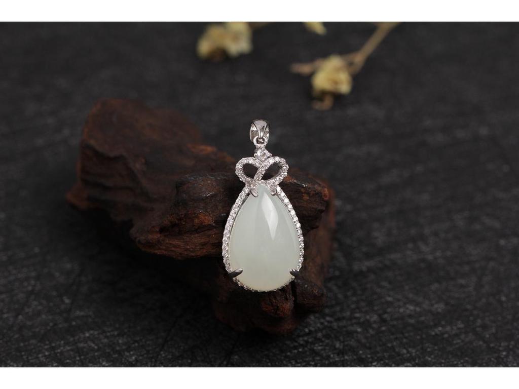 Hetian Jade Teardrop Pendant Necklace, Sterling Silver Crown Inlaid White Jade, Court Style Jewelry Gift for Women
