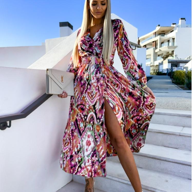 GMXIA Весна-лето Модный принт V-образный вырез длинный рукав высокая талия пояс платье