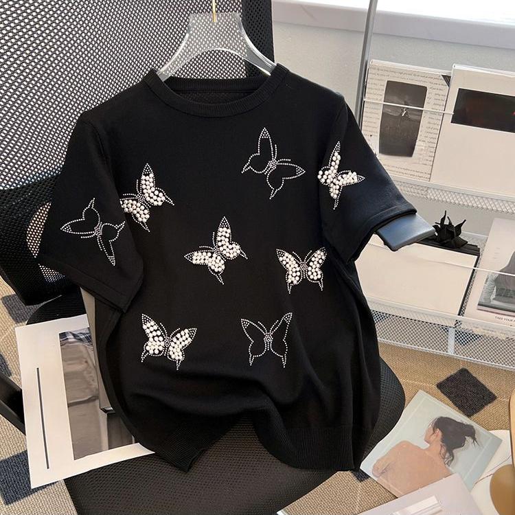 Short Sleeve Knitted T-shirts Women Summer Pullover Top Loose Chic Butterfly Nail Bead Fashion Casual Soft Women's Clothing