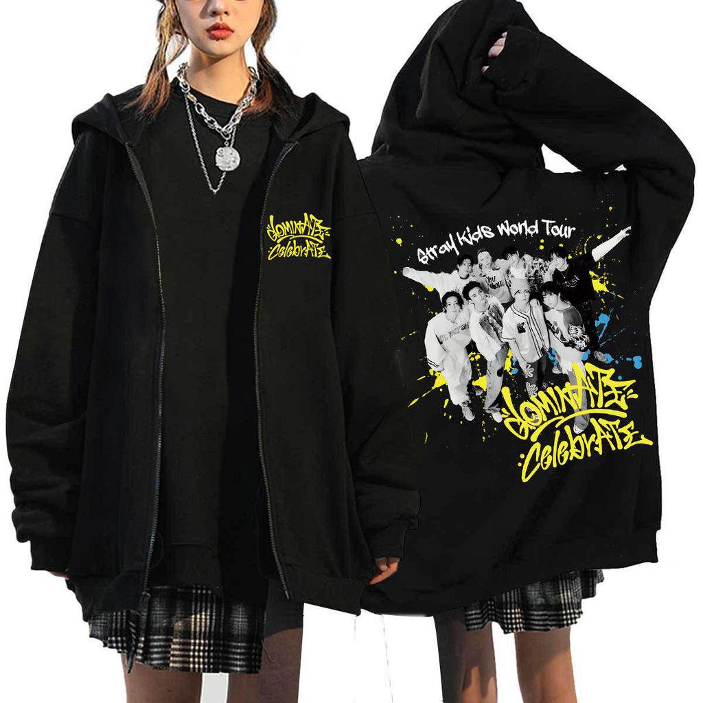 Stray Kids Доминируй:Празднуйте Мерч Худи с принтом Харадзюку Свободная на молнии