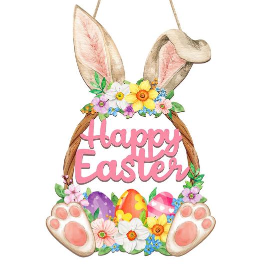 Yousheng Wooden Easter Door Wreath for Front Door Happy Easter Bunny Eggs Porch Sign for Spring Window Wall Hanging Decor