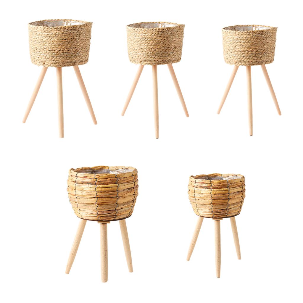 Соломенные плетеные цветочные горшки, корзина для растений, кашпо для травы с деревянной подставкой, контейнер для хранения в саду, домашний декор