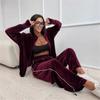 Женский бархатный спортивный костюм из 2 предметов: куртка с капюшоном на молнии и брюки с широкими штанинами. Повседневный свободный костюм для дома и отдыха.