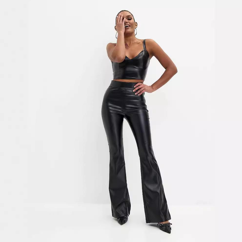 European & American Women's High-Waist PU Leather Flared Pants - 2024 Black Shiny Style