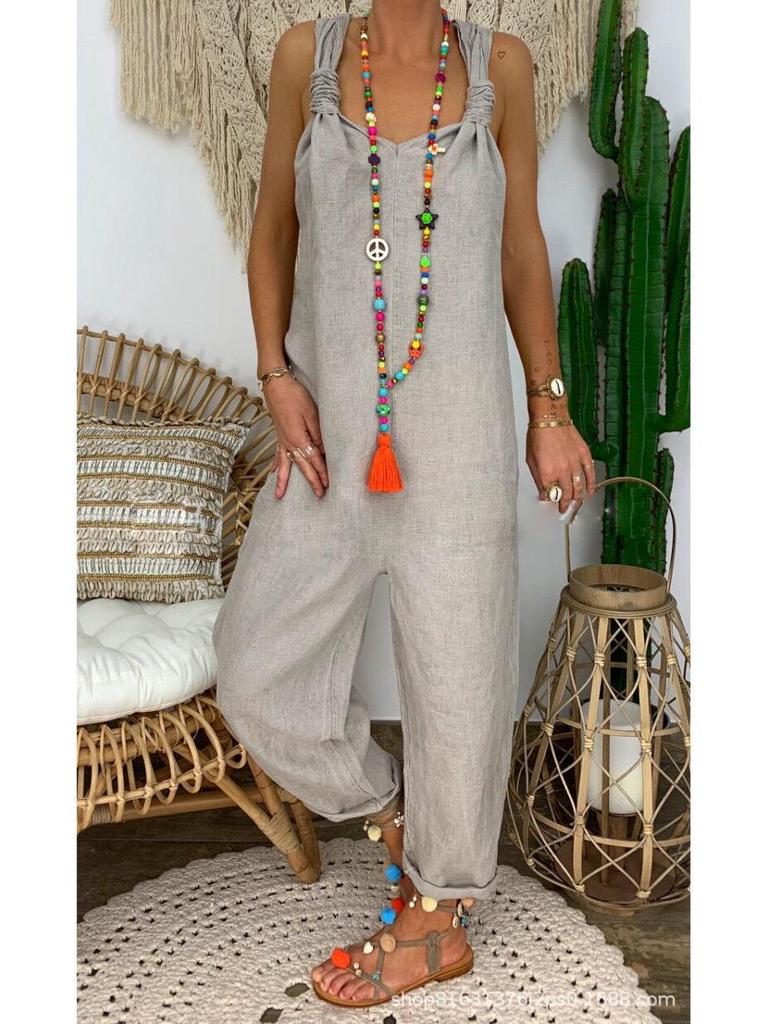Свободный повседневный льняной комбинезон большого размера (2021)