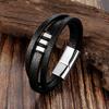Men's Black Leather Bracelet Double Layer Rope Simple Stainless Steel Braided Handmade Wristband Outdoor Jewelry Accessories