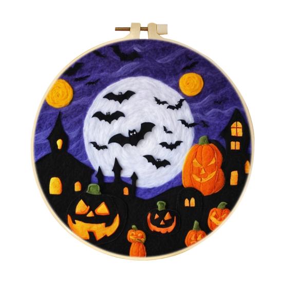 Halloween Needle Felting Kit Beginner Felt Craft Set DIY Felt Painting with Faux Wool Needle Frame Stamped Fabric for Adults Handcraft Lovers