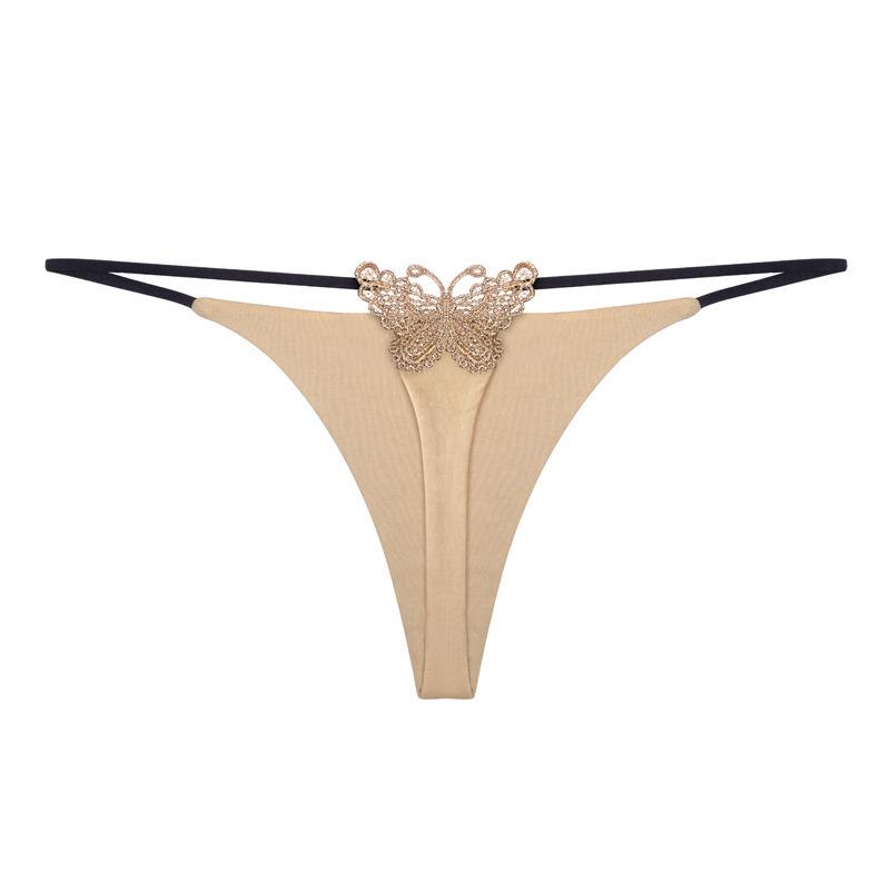 Butterfly Embroidered Low-Waist Double-Layer Thong Bikini Underwear