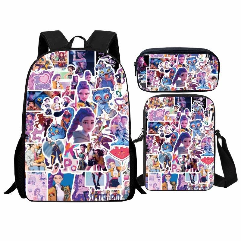 Kpop Hunter Girl Group Student Backpack Set 3-in-1 Cartoon School Bag with Shoulder Bag and Pencil Case