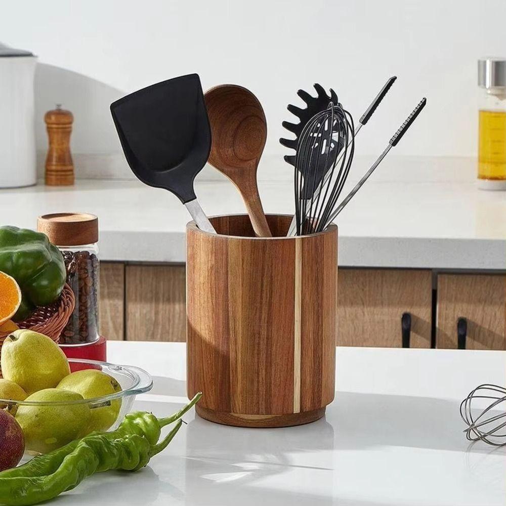 Wooden Kitchen Utensil Holder 16.5cm 360° Rotatable Large Fork Organizer Rotating Rustic Tableware Storage Shelf
