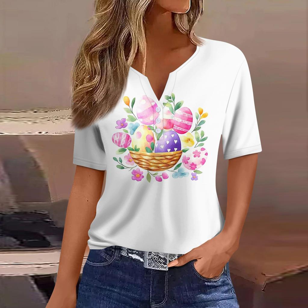 Women's T Shirt Print Button Short Sleeve Daily Weekend Fashion Basic V- Neck Regular Top