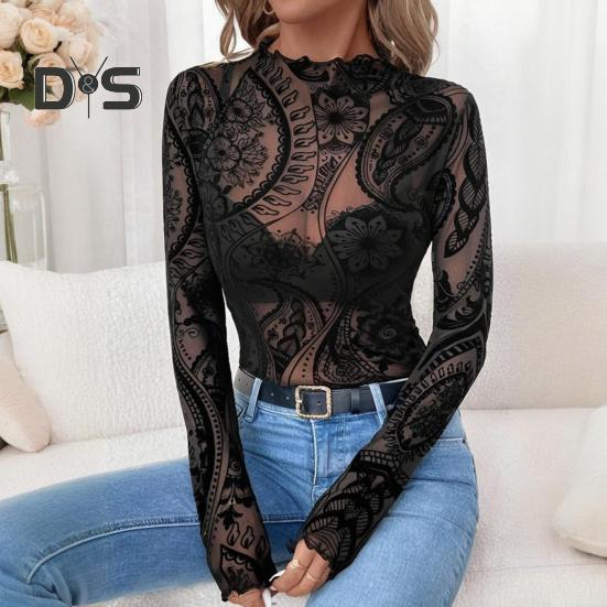 Женские топы с круглым вырезом и длинным рукавом, облегающие, весна-осень, пуловеры, топы, прозрачные, с геометрическим узором, кружевные, цветочные, сетчатые футболки