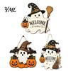 Hanging Door Sign Halloween Wooden Ghost Welcome for Front Door, Rustic Cartoon Hanger Plaque with Pumpkin Wizard Hat And Broom Holiday Party