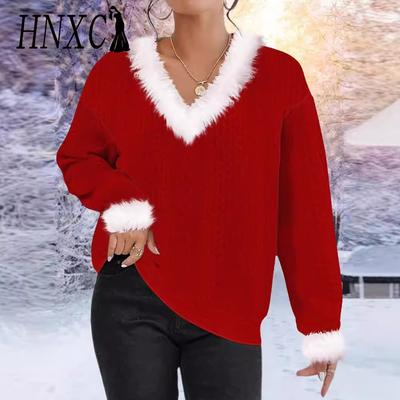 Женская мода, повседневный однотонный принт, осень-зима, свободные свитера с длинным рукавом и v-образным вырезом