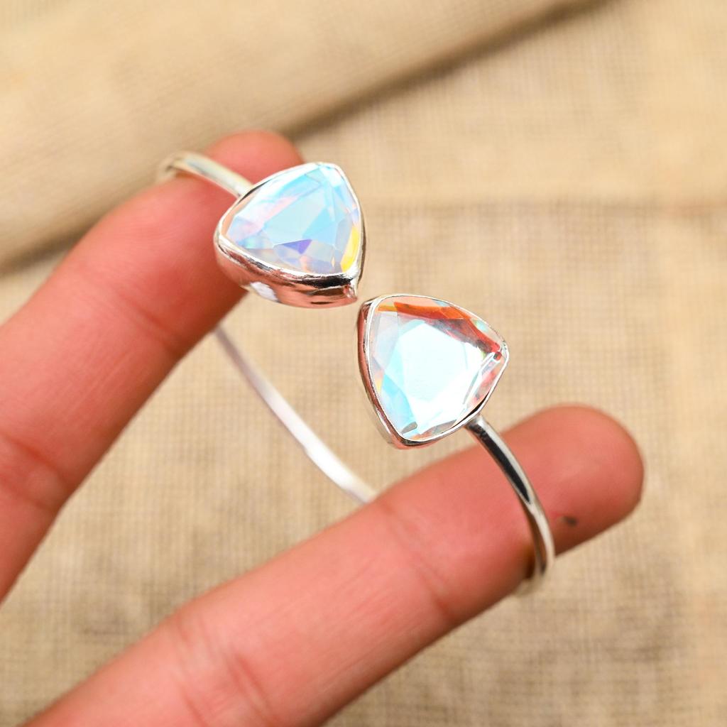 Mystic Topaz natural Gemstone Adjustable Cuff Handmade Jewelry 925 Solid Sterling Silver For Her