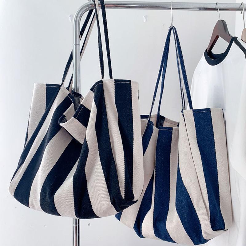 Вместительная холщовая сумка с ручкой сверху, женская летняя полосатая простая повседневная дамская сумочка, уличная сумка через плечо