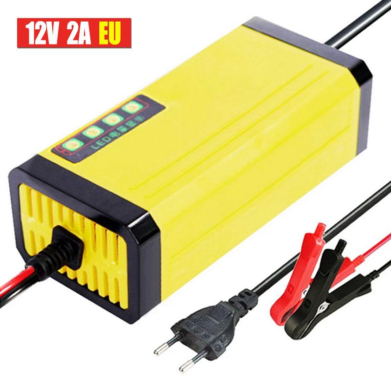 Motorcycle Battery Charging 12V 2A LED Display Smart Battery Charger EU/US Plug Pulse Repair Power Supply Current Voltage Adjust