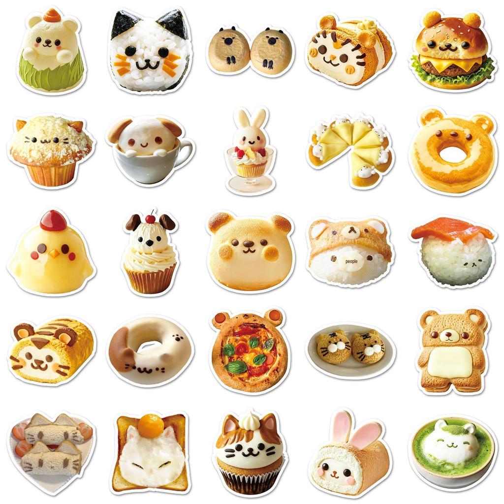 Animal Food Sticker Set: 50 Cute Cartoon Bread, Cookie Shapes, Waterproof Lunch Box Decor.