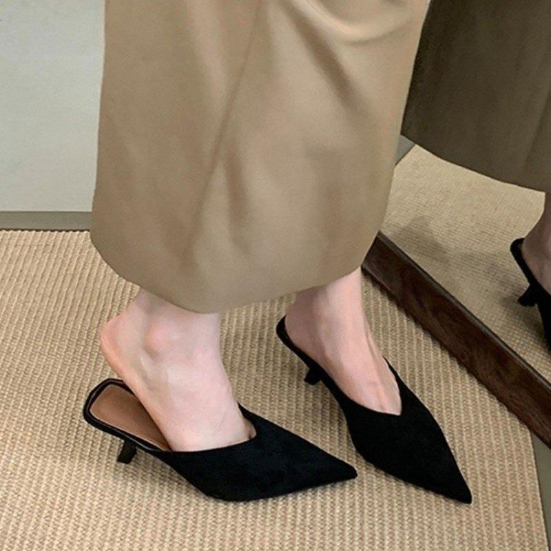 Simple Thin Heel Baotou Slippers Summer New Pointed Toe Mid-buckle Suede Non-slip Wear-resistant Kitten Heels