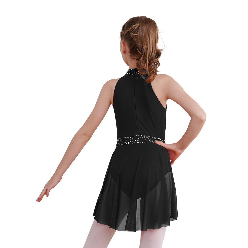 Girls Glittery Lyrical Dance Dress - Rhinestone Decor & Irregular Hem for Stage Performances