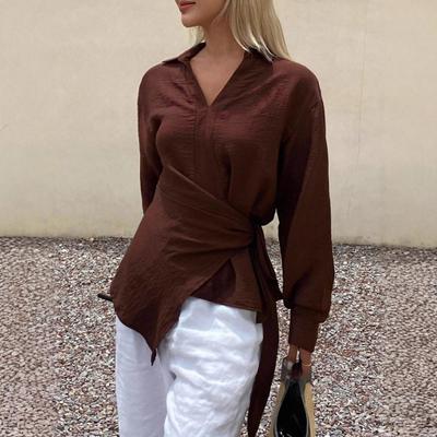 Женская рубашка с нерегулярным кружевом, однотонная, с длинными рукавами, новая модель 2025 года, приталенная, свободная, в стиле кэжуал, ретро-топ