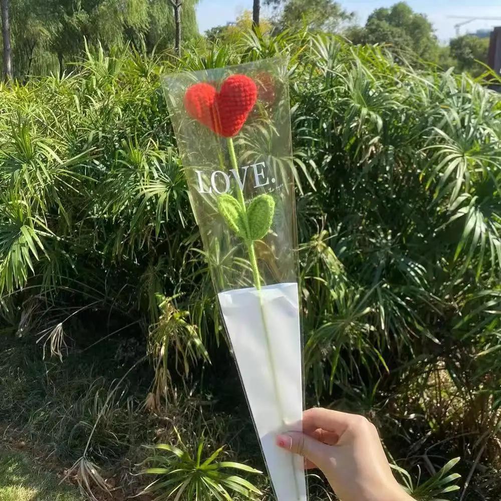 Handmade Crochet Heart Bouquet Yarn Love Flowers With Green Stems For Valentines Day Mothers Day Birthday Gifts