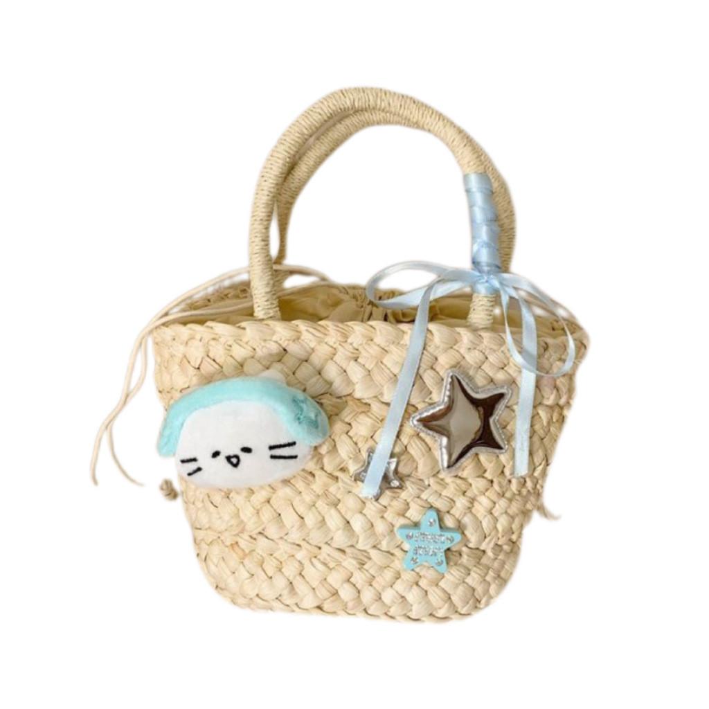 Cute Earphones Cat Stars Kitty Cat Decoration Women Casual Straw Woven Handbag For Summer Beach Day