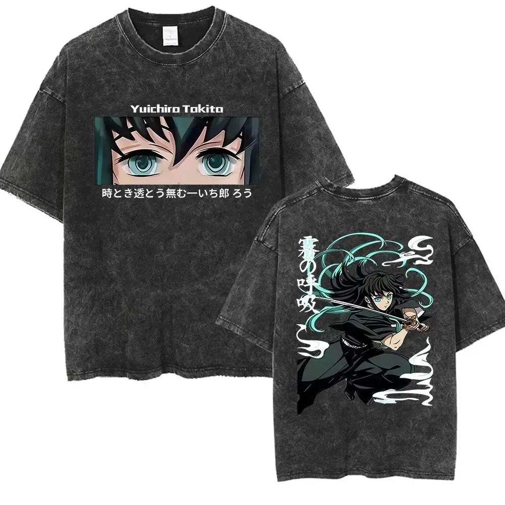 Anime Demon Slayer Kimetsu No Yaiba Graphics Print T-shirt Men Women Vintage Washed O-neck Cotton Oversized Short Sleeve Streetwear Y2K Fashion Top