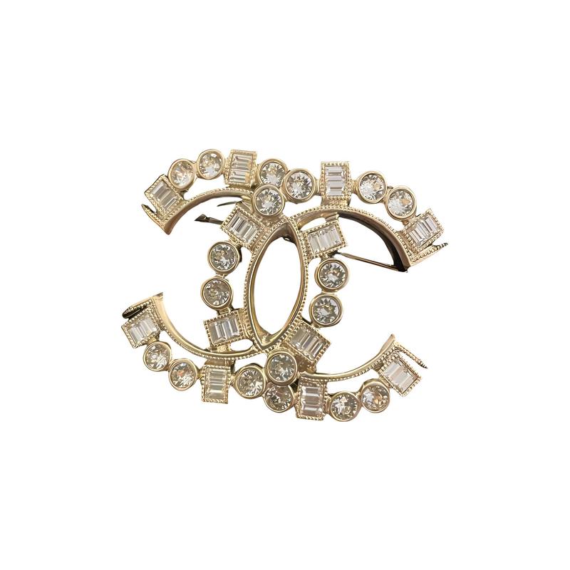 CHANEL Fashion Double C Rhinestone Brooch Women's Gold