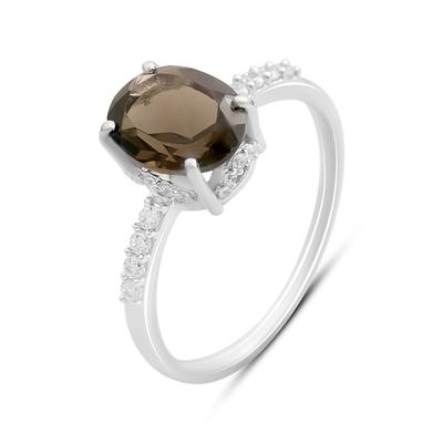 Серебряное кольцо с натуральным раухтопазом (дымчатым кварцем) 2.12ct, фианитами, вес изделия 2,09 гр (2207269)