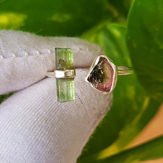 Natural Green Pencil Watermelon Tourmaline 925 Sterling Silver Ring 7 US, A 73