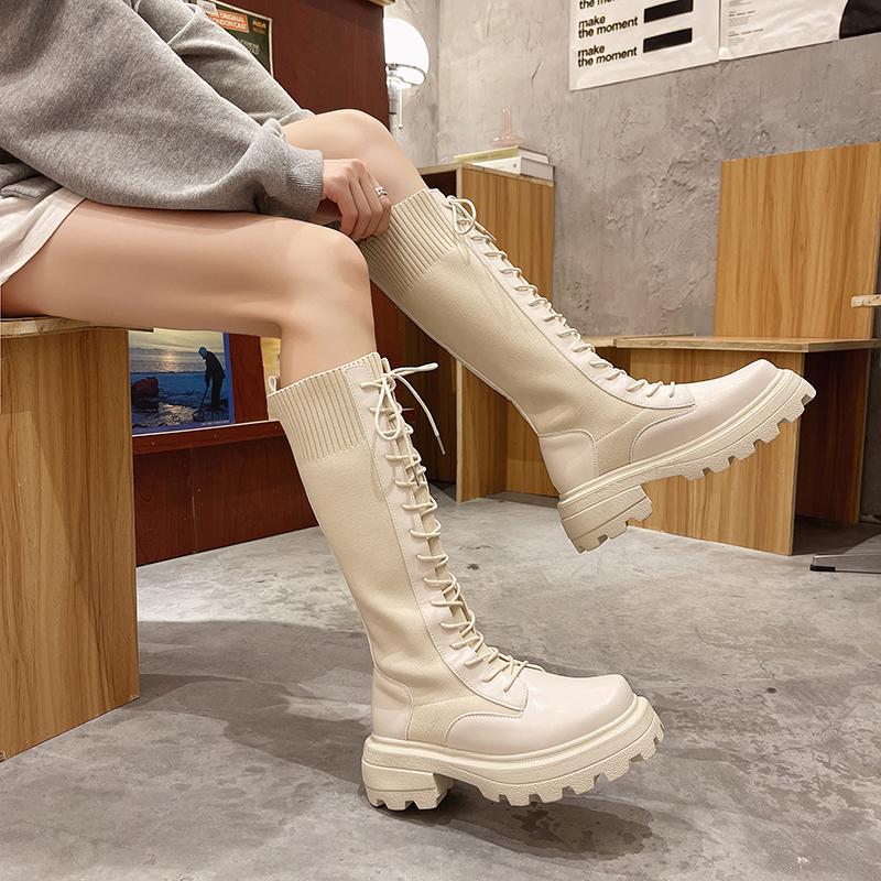 Fashion Women's Platform Knee High Boots Autumn Winter 2024 New Female Fashion Off-white Lace-up Sock Long Tube Boots Botas Mujer